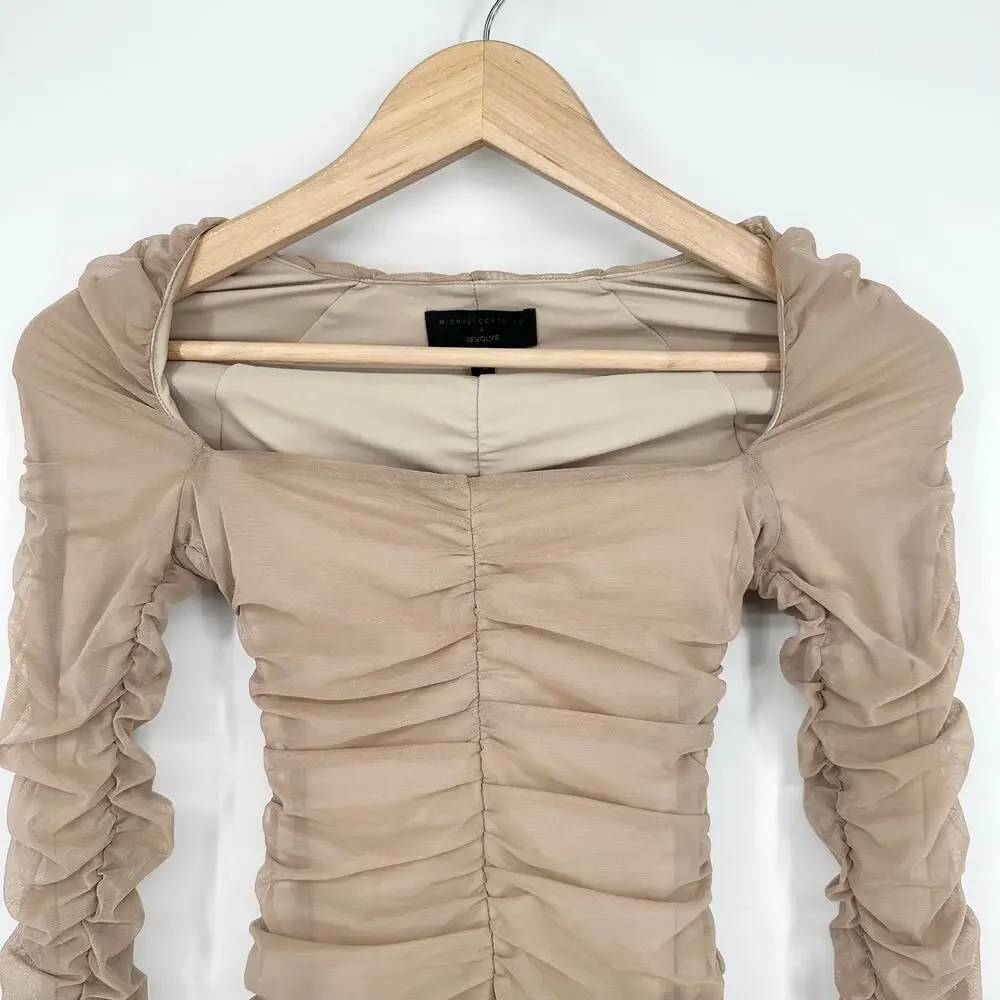 Michael Costello x REVOLVE Franky Mini Dress Mesh Ruched Long Sleeve, Taupe - Picture 7 of 14
